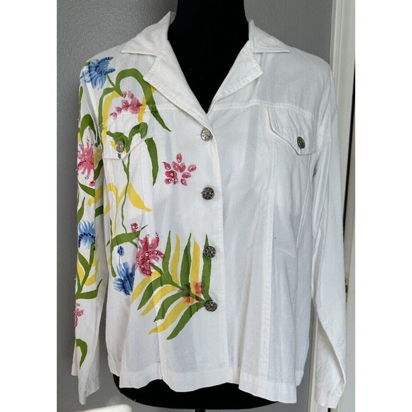 BFA Classics Vintage White Floral  Beaded  Jacket Lightweight Denim Coat PM - Picture 1 of 8